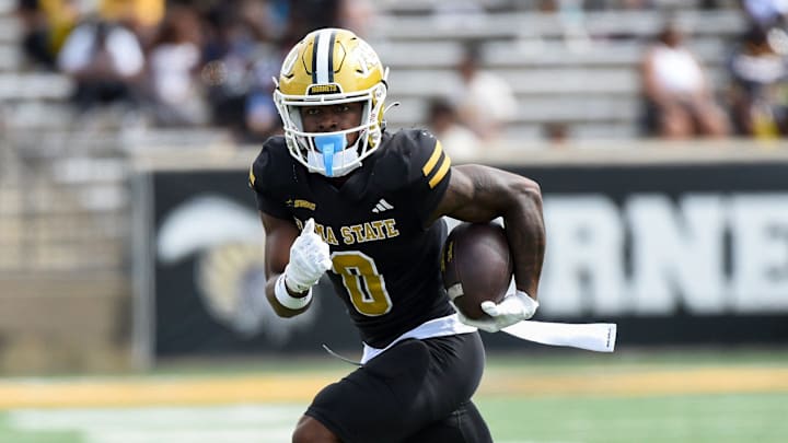 Alabama State wide receiver Jalen Jones (0) carries the ball against Bethune-Cookman during their game on the ASU campus in Montgomery, Ala., on Saturday, October 4, 2025.