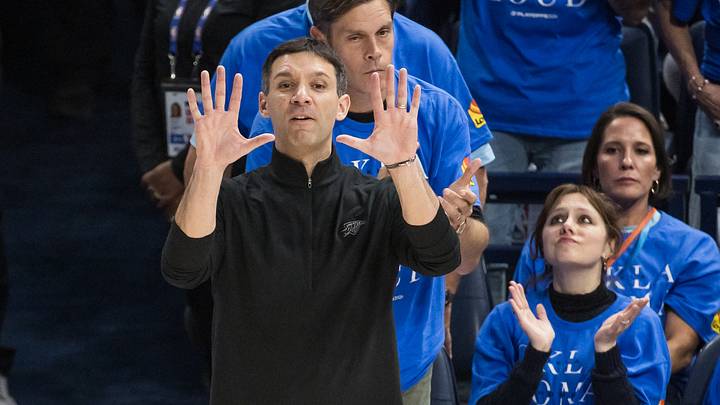 May 18, 2026; Oklahoma City, Oklahoma, USA; Oklahoma City Thunder head coach Mark Daigneault reacts during the second quarter against the San Antonio Spurs during game one of the western conference finals for the 2026 NBA playoffs at Paycom Center. Mandatory Credit: Brett Rojo-Imagn Images