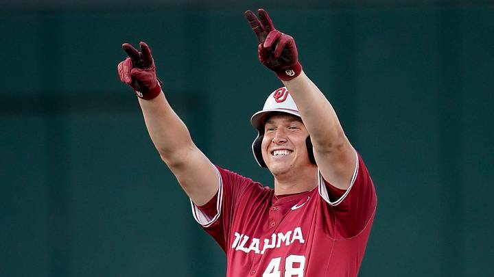 Oklahoma catcher Deiten Lachance (48) celebrates his double against Vanderbilt during the second inning at Hawkins Field Oklahoma catcher Deiten Lachance (48) celebrates his double against Vanderbilt during the second inning at Hawkins Field