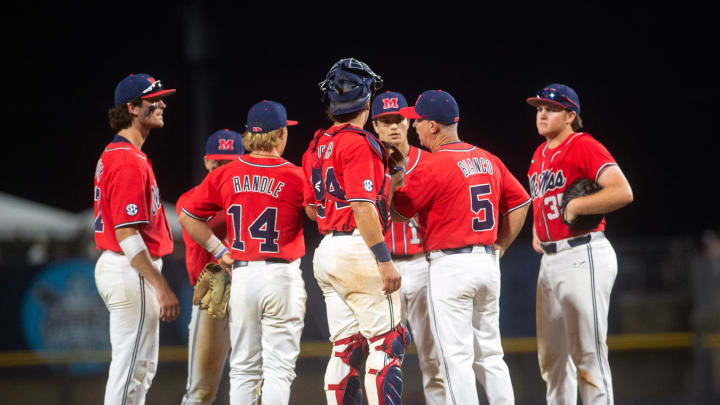 Ole Miss baseball coach Mike Bianco heads to the mound to change pitchers again after Mississippi State scored four runs in the eighth inning at Trustmark Perk in Pearl, Miss., Wednesday, May 1, 2024. Ole Miss baseball coach Mike Bianco heads to the mound to change pitchers again after Mississippi State scored four runs in the eighth inning at Trustmark Perk in Pearl, Miss., Wednesday, May 1, 2024.