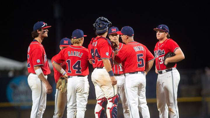Ole Miss baseball coach Mike Bianco heads to the mound to change pitchers again after Mississippi State Ole Miss baseball coach Mike Bianco heads to the mound to change pitchers again after Mississippi State