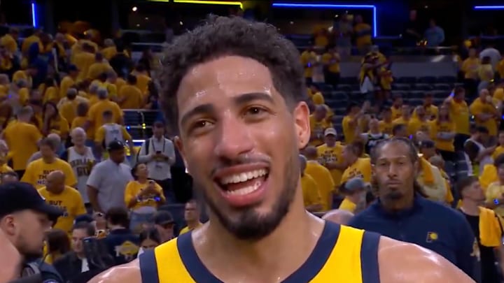 Tyrese Haliburton laughs about his father’s fashion choices. Tyrese Haliburton laughs about his father’s fashion choices.