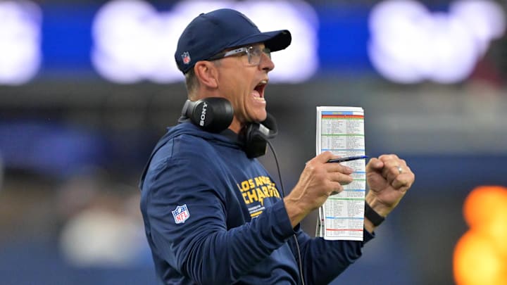 Nov 30, 2025; Inglewood, California, USA; Los Angeles Chargers head coach Jim Harbaugh reacts during the second half at SoFi Stadium. Mandatory Credit: Jayne Kamin-Oncea-Imagn Images