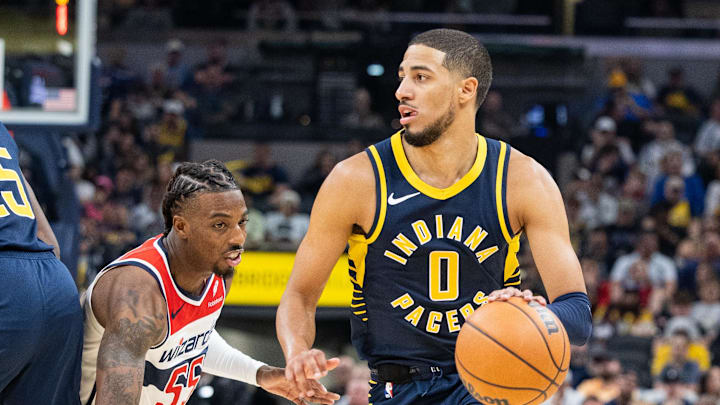 Oct 25, 2023; Indianapolis, Indiana, USA; Indiana Pacers guard Tyrese Haliburton (0) dribbles