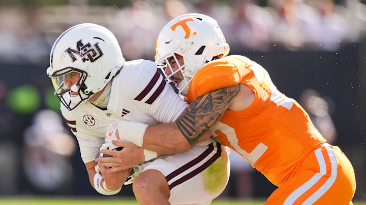 Tennessee linebacker Jeremiah Telander (22) defends a Mississippi State player during a college football game between Tennessee and Mississippi State at Davis Wade Stadium in Starkville, Miss., on Sept. 27, 2025.