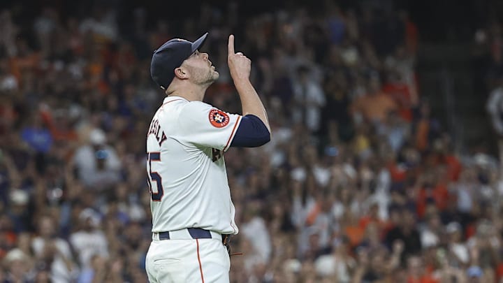 Aug 31, 2024; Houston, Texas, USA; Houston Astros relief pitcher Ryan Pressly (55) reacts after the final out during the ninth inning against the Kansas City Royals at Minute Maid Park. Aug 31, 2024; Houston, Texas, USA; Houston Astros relief pitcher Ryan Pressly (55) reacts after the final out during the ninth inning against the Kansas City Royals at Minute Maid Park.
