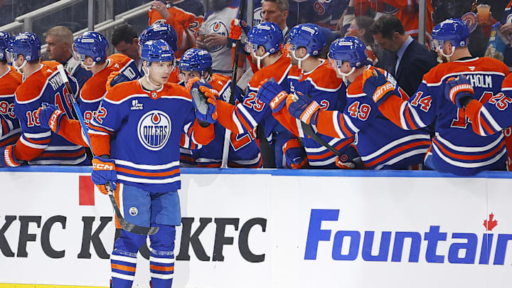 Mar 6, 2026; Edmonton, Alberta, CAN; The Edmonton Oilers celebrate a goal scored by forward Vasily Podkolzin (92) during the second period against the Carolina Hurricanes at Rogers Place. Mandatory Credit: Perry Nelson-Imagn Images