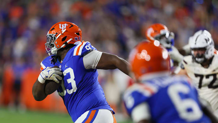 Florida defensive tackle Michai Boireau (93) intercepts during the final seconds during second half an NCAA football game at Steve Spurrier Field at Ben Hill Griffin Stadium in Gainesville, FL on Saturday, October 18, 2025. [Alan Youngblood/Gainesville Sun]