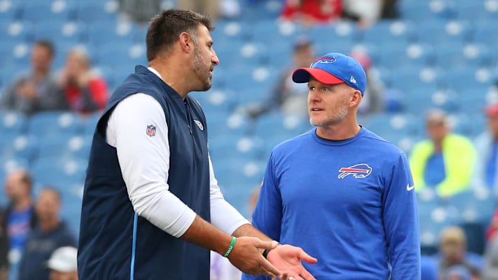 Former Tennessee Titans and current New England Patriots head coach Mike Vrabel and Buffalo Bills head coach Sean McDermott.
