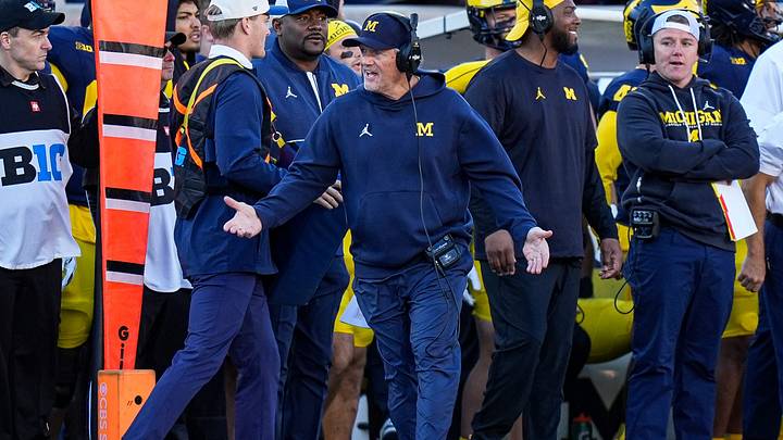 Michigan head coach Kyle Whittingham reacts to a play against Penn State during the first half at Michigan Stadium in Ann Arbor on Saturday, Oct. 17, 2026. Michigan head coach Kyle Whittingham reacts to a play against Penn State during the first half at Michigan Stadium in Ann Arbor on Saturday, Oct. 17, 2026.