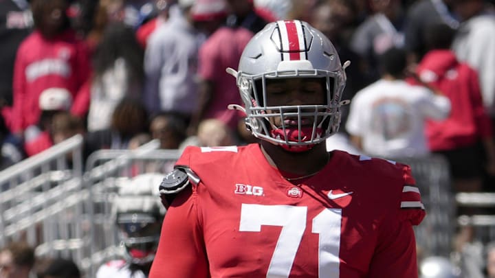 April 13, 2024; Columbus, Ohio, USA; 
Ohio State Buckeyes offensive tackle Josh Simmons (71) competes during the first half of the LifeSports spring football game at Ohio Stadium on Saturday.