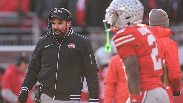 Ohio State head coach Ryan Day calls a timeout against Michigan during the second half at Ohio Stadium in Columbus, Ohio on Saturday, Nov. 30, 2024.