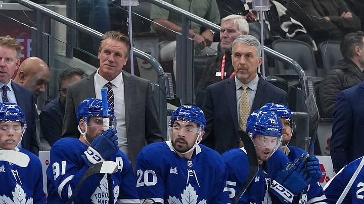 Oct 3, 2026; Toronto, Ontario, CAN; Toronto Maple Leafs head coach Jim Hiller (centre) watches the play against the Ottawa Senators during the third period at Scotiabank Arena. Mandatory Credit: Nick Turchiaro-Imagn Images Oct 3, 2026; Toronto, Ontario, CAN; Toronto Maple Leafs head coach Jim Hiller (centre) watches the play against the Ottawa Senators during the third period at Scotiabank Arena. Mandatory Credit: Nick Turchiaro-Imagn Images