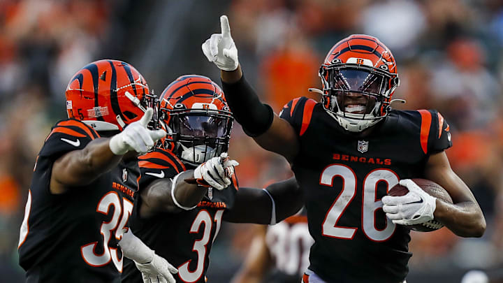 Aug 11, 2023; Cincinnati, Ohio, USA; Cincinnati Bengals safety Tycen Anderson (26) reacts after an