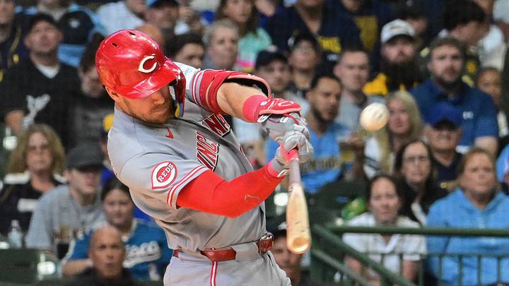 Sep 13, 2026; Milwaukee, Wisconsin, USA;  Cincinnati Reds designated hitter Tyler Stephenson (37) hits a sacrifice fly to drive in a run in the eighth inning against the Milwaukee Brewers at American Family Field.  Mandatory Credit: Benny Sieu-Imagn Images