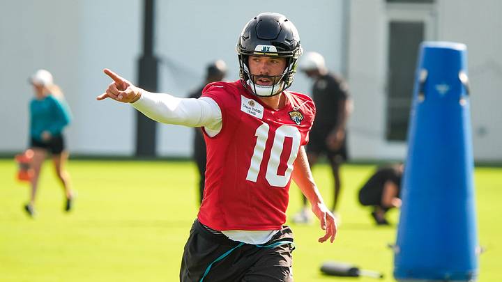 Jaguars quarterback Carter Bradley (10) runs a drill during the Jaguars final Organized Team Activity on Monday, June 15, 2026 at the Miller Electric Center in Jacksonville, Fla. [Doug Engle/Florida Times-Union]