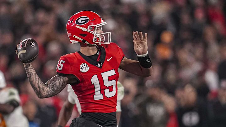 Nov 16, 2024; Athens, Georgia, USA; Georgia Bulldogs quarterback Carson Beck (15) passes the ball against the Tennessee Volunteers during the second half at Sanford Stadium. Mandatory Credit: Dale Zanine-Imagn Images