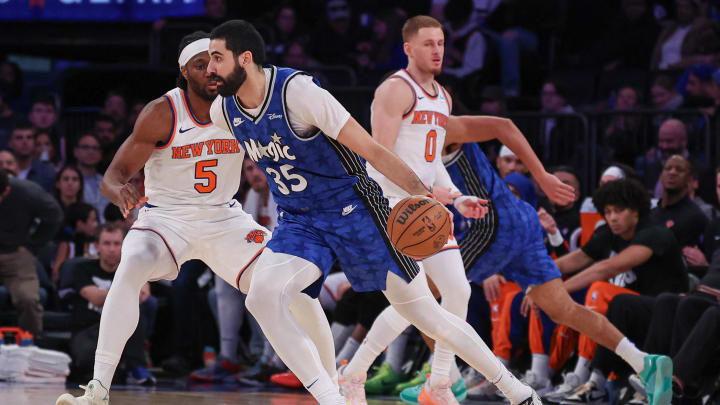 Jan 15, 2024; New York, New York, USA; Orlando Magic center Goga Bitadze (35) dribbles against New York Knicks forward Precious Achiuwa (5) during the second half at Madison Square Garden. Mandatory Credit: Vincent Carchietta-USA TODAY Sports