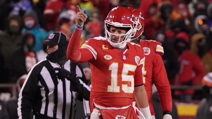 Jan 13, 2024; Kansas City, Missouri, USA; Kansas City Chiefs quarterback Patrick Mahomes (15) reacts during the second half of the 2024 AFC wild card game at GEHA Field at Arrowhead Stadium. Mandatory Credit: Denny Medley-Imagn Images