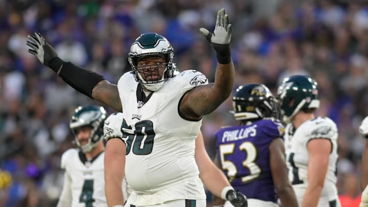 Aug 12, 2023; Baltimore, Maryland, USA; Philadelphia Eagles offensive tackle Fred Johnson (50) reacts after a place kicker Jake Elliott (4) second quarter field goal against the Baltimore Ravens. Mandatory Credit: Tommy Gilligan-Imagn Images Aug 12, 2023; Baltimore, Maryland, USA; Philadelphia Eagles offensive tackle Fred Johnson (50) reacts after a place kicker Jake Elliott (4) second quarter field goal against the Baltimore Ravens. Mandatory Credit: Tommy Gilligan-Imagn Images
