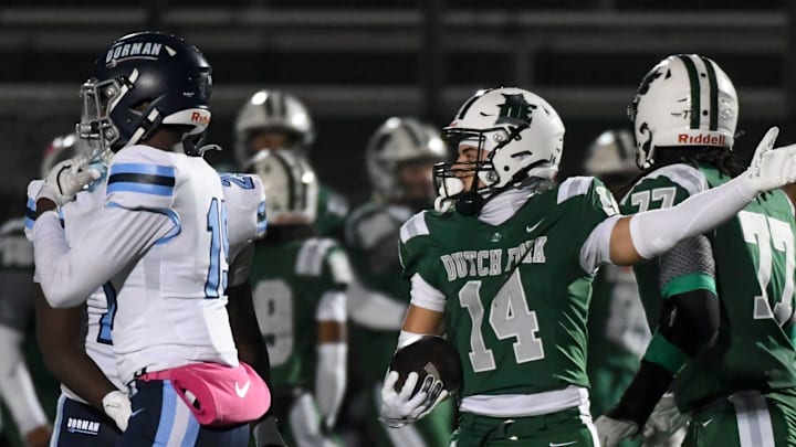 Dutch Fork Silver Foxes Stone Furrey (14) celebrates after a first down Friday, Nov. 28, 2025, during the SCHSL semi state football game against the Dorman Cavaliers at Dutch Fork High School in Irmo, South Carolina.