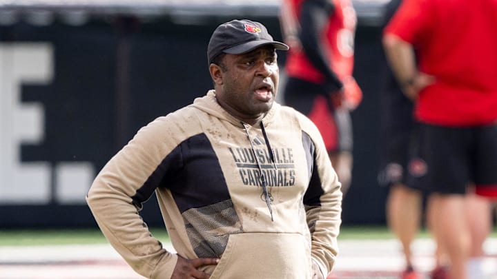 University of Louisville cornerbacks coach Steve Ellis runs a drill during their second practice on Friday, Aug. 2, 2024 at L&N Federal Credit Union Stadium.