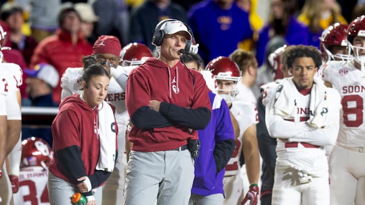Nov 30, 2024; Baton Rouge, Louisiana, USA;  Oklahoma Sooners head coach Brent Venables looks on against the LSU Tigers during the fourth quarter at Tiger Stadium. 