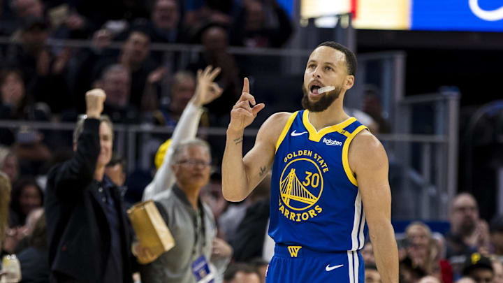 Mar 10, 2025; San Francisco, California, USA; Golden State Warriors guard Stephen Curry (30) reacts after hitting a  three-point shot against the Portland Trail Blazers during the third quarter at Chase Center. Mandatory Credit: John Hefti-Imagn Images