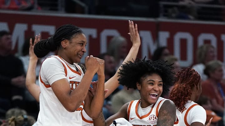 Jan 18, 2026; Austin, Texas, USA; Texas Longhorns forward Madison Booker (35) and Texas Longhorns guard Rori Harmon (3) celebrate a team basket during the second half against the Texas A&M Aggies at Moody Center. Mandatory Credit: Dustin Safranek-Imagn Images