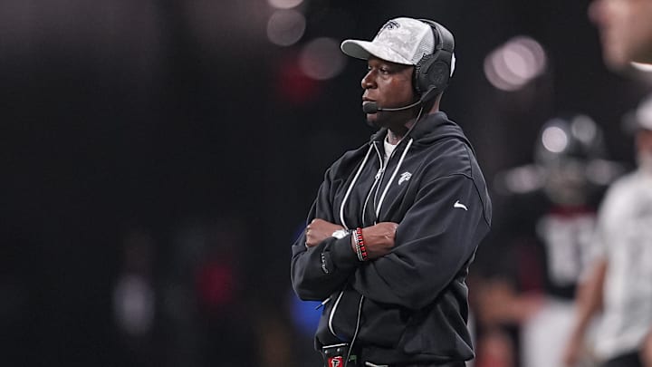 Nov 3, 2024; Atlanta, Georgia, USA; Atlanta Falcons head coach Raheem Morris on the field during the game against the Dallas Cowboys during the second half at Mercedes-Benz Stadium.