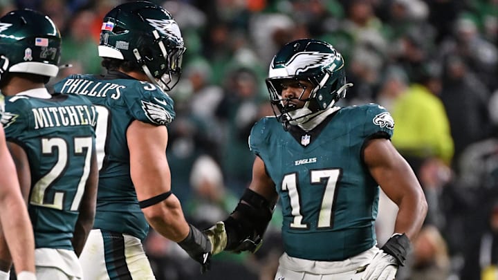 Nov 16, 2025; Philadelphia, Pennsylvania, USA; Philadelphia Eagles linebacker Nakobe Dean (17) celebrates his sack during the fourth quarter against the Detroit Lions at Lincoln Financial Field. Mandatory Credit: Eric Hartline-Imagn Images Nov 16, 2025; Philadelphia, Pennsylvania, USA; Philadelphia Eagles linebacker Nakobe Dean (17) celebrates his sack during the fourth quarter against the Detroit Lions at Lincoln Financial Field. Mandatory Credit: Eric Hartline-Imagn Images