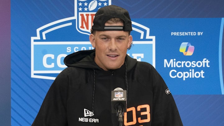 Feb 28, 2025; Indianapolis, IN, USA; Mississippi quarterback Jaxson Dart (QB03) answers questions at a press conference during the 2025 NFL Combine at Indiana Convention Center. Mandatory Credit: Stephanie Amador Blondet-Imagn Images Feb 28, 2025; Indianapolis, IN, USA; Mississippi quarterback Jaxson Dart (QB03) answers questions at a press conference during the 2025 NFL Combine at Indiana Convention Center. Mandatory Credit: Stephanie Amador Blondet-Imagn Images