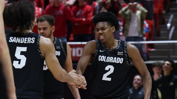 Mar 3, 2026; Salt Lake City, Utah, USA; Colorado Buffaloes guard Isaiah Johnson (2) reacts to a play against the Utah Utes by guard Josiah Sanders (5) during the first half at Jon M. Huntsman Center. Mandatory Credit: Rob Gray-Imagn Images Mar 3, 2026; Salt Lake City, Utah, USA; Colorado Buffaloes guard Isaiah Johnson (2) reacts to a play against the Utah Utes by guard Josiah Sanders (5) during the first half at Jon M. Huntsman Center. Mandatory Credit: Rob Gray-Imagn Images