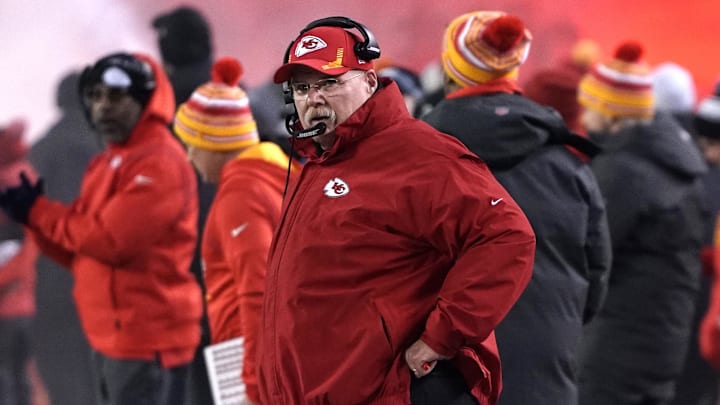 Jan 16, 2022; Kansas City, Missouri, USA; Kansas City Chiefs head coach Andy Reid (front) looks on from the sideline during the first quarter against the Pittsburgh Steelers in an AFC Wild Card playoff football game at GEHA Field at Arrowhead Stadium. Mandatory Credit: Denny Medley-Imagn Images