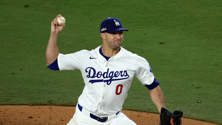 Oct 13, 2024; Los Angeles, California, USA; Los Angeles Dodgers pitcher Jack Flaherty (0) throws a pitch against the New York Mets in the fifth inning during game one of the NLCS for the 2024 MLB Playoffs at Dodger Stadium. Mandatory Credit: Kiyoshi Mio-Imagn Images