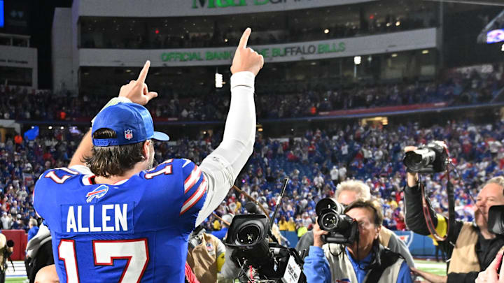 Buffalo Bills quarterback Josh Allen (17) celebrates the win against the Baltimore Ravens