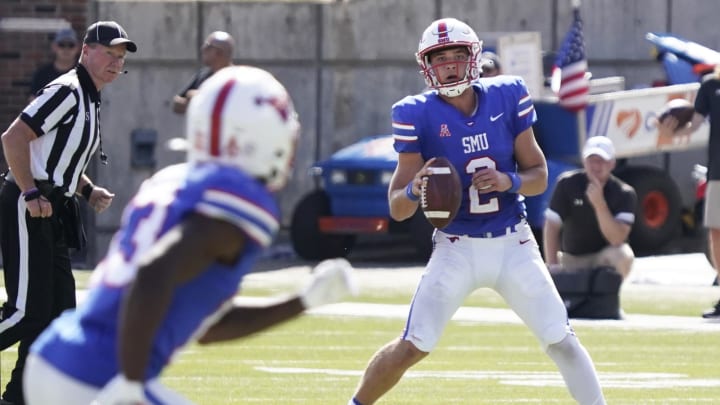 Oct 22, 2022; Dallas, Texas, USA; Southern Methodist Mustangs quarterback Preston Stone (2) looks to pass during the second half against the Cincinnati Bearcats at Gerald J. Ford Stadium. Mandatory Credit: Raymond Carlin III-USA TODAY Sports