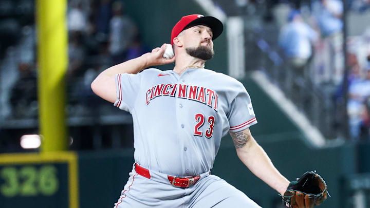Apr 4, 2026; Arlington, Texas, USA;  Cincinnati Reds pitcher Graham Ashcraft (23) throws during the seventh inning against the Texas Rangers at Globe Life Field. Mandatory Credit: Kevin Jairaj-Imagn Images