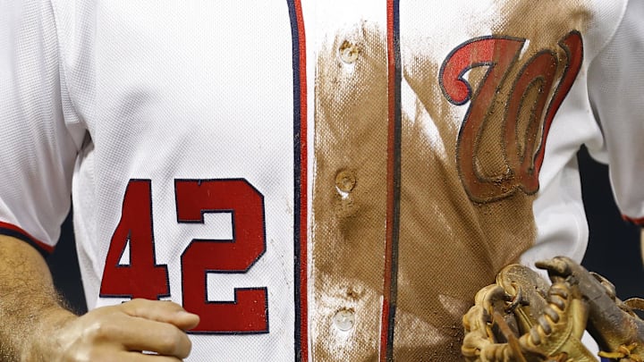 Apr 16, 2019; Washington, DC, USA; A view of the uniform of Washington Nationals third baseman Anthony Rendon (42) after diving for a double by San Francisco Giants center fielder Kevin Pillar (not pictured) in the third inning at Nationals Park. All players and coaches are wearing #42 in honor of Jackie Robinson Day. The Giants won 7-3. 