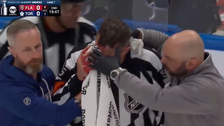 Chris Rooney suffered a cut when he was hit by a stick during Panthers-Leafs Game 7.
