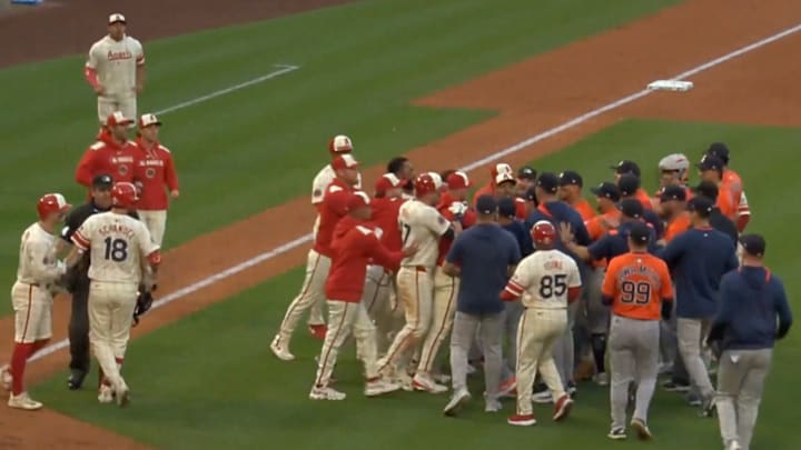 Benches clear in the Astros-Angels game on June 20, 2025. Benches clear in the Astros-Angels game on June 20, 2025.