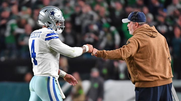 Nov 5, 2023; Philadelphia, Pennsylvania, USA; Dallas Cowboys quarterback Dak Prescott (4) and head