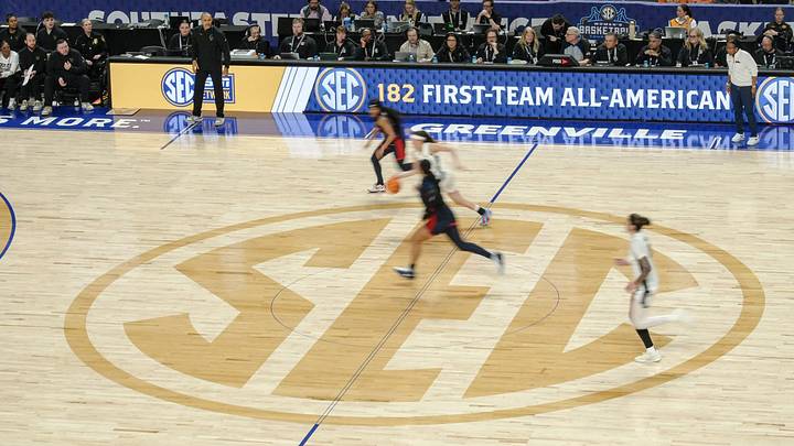 SEC logo at center court at the Ole Miss vs Vandy game, during the fourth quarter SEC Women's Basketball Tournament at Bon Secours Wellness Arena in Greenville, South Carolina Friday, March 6, 2026.