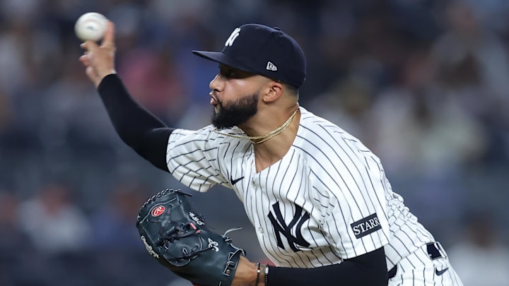 Bronx, New York, USA; New York Yankees relief pitcher Devin Williams (38) pitches against the Boston Red Sox during the ninth inning at Yankee Stadium. Mandatory Credit: Brad Penner-Imagn Images