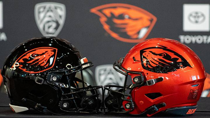 Oregon State football helmets sit on a table before the introductory press conference of the hiring of its new head football coach, JaMarcus Shephard, at Reser Stadium on Tuesday, Dec. 2, 2025, in Corvallis, Ore.