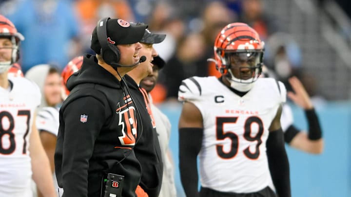 Dec 15, 2024; Nashville, Tennessee, USA; Cincinnati Bengals head coach Zac Taylor yells to his team against the Tennessee Titans during the second half at Nissan Stadium. Mandatory Credit: Steve Roberts-Imagn Images Dec 15, 2024; Nashville, Tennessee, USA; Cincinnati Bengals head coach Zac Taylor yells to his team against the Tennessee Titans during the second half at Nissan Stadium. Mandatory Credit: Steve Roberts-Imagn Images