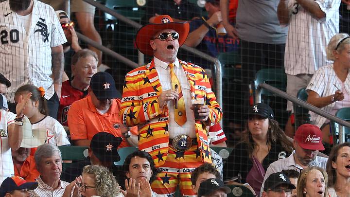 Sep 30, 2026; Houston, Texas, USA;  A Houston Astros fan cheers prior to game two of the Wildcard round between Chicago White Sox and Houston Astros in the 2026 MLB Playoffs at Daikin Park.  Mandatory Credit: Troy Taormina-Imagn Images