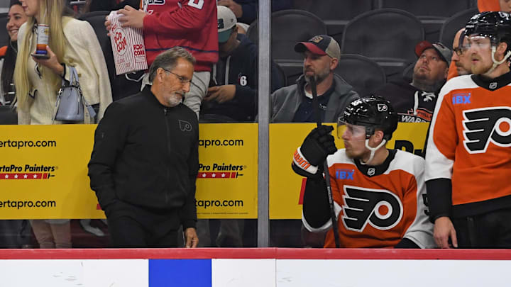 Oct 22, 2024; Philadelphia, Pennsylvania, USA; Philadelphia Flyers head coach John Tortorella leaves the bench after loss to Washington Capitals at Wells Fargo Center. Mandatory Credit: Eric Hartline-Imagn Images
