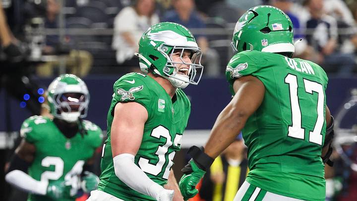 Nov 23, 2025; Arlington, Texas, USA; Philadelphia Eagles safety Reed Blankenship (32) celebrates after an interception in the second quarter at AT&T Stadium.