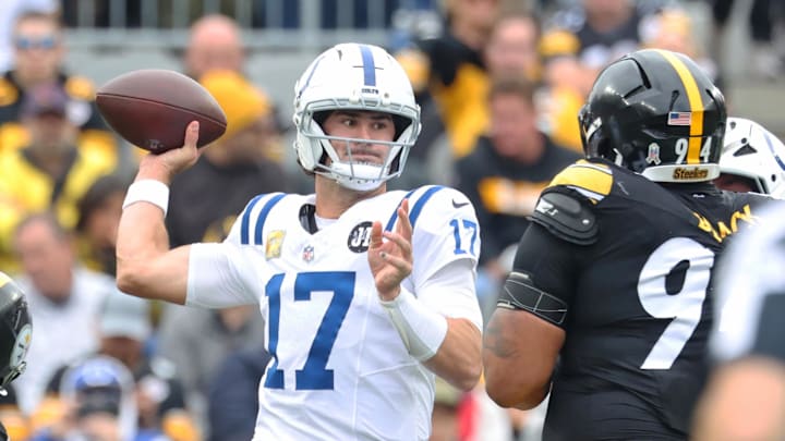 Nov 2, 2025; Pittsburgh, Pennsylvania, USA; Indianapolis Colts quarterback Daniel Jones (17) drops back to make a pass during the first half against the Pittsburgh Steelers at Acrisure Stadium. 